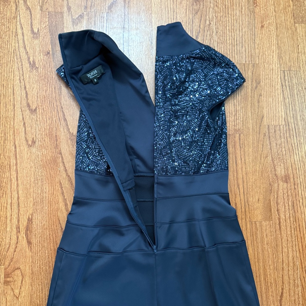Tadashi Collection Cap-Sleeve Satin Sequined Navy Gown Dress size 6 - Picture 10 of 13